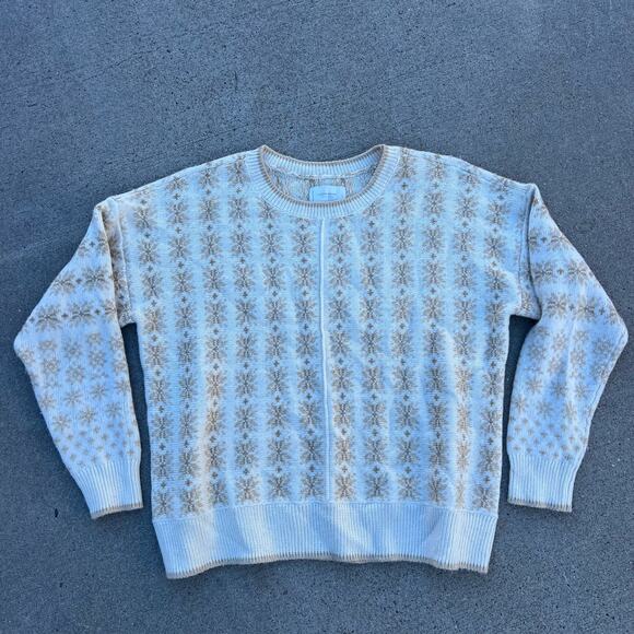 Lucky Brand Cream Gold Star Snowflake Crew Neck Pullover Sweater Large - Picture 2 of 8